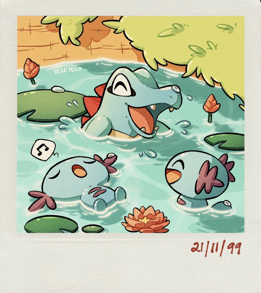 fake_photograph flower gen_2_pokemon grass highres lily_pad nintendo no_humans open_mouth pokemon pokemon_(creature) polaroid_photo sleeping smile swimming teletelo totodile water water_lily_flower wooper