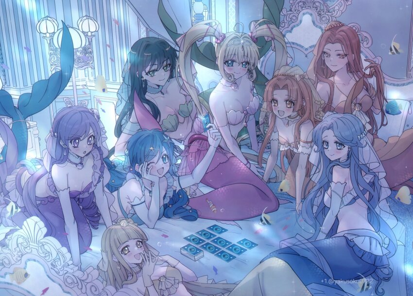 +1_(yakusoku0722) 6+girls bed bikini blonde_hair blue_hair breasts card caren_(mermaid_melody_pichi_pichi_pitch) cleavage coco_(mermaid_melody_pichi_pichi_pitch) earrings fins highres houshou_hanon houshou_hanon_(mermaid) jewelry looking_at_viewer lying mermaid mermaid_melody_pichi_pichi_pitch monster_girl multiple_girls nanami_lucia nanami_lucia_(mermaid) necklace noel_(mermaid_melody_pichi_pichi_pitch) orange_hair purple_hair sara_(mermaid_melody_pichi_pichi_pitch) seira_(mermaid_melody_pichi_pichi_pitch) shell shell_bikini shell_necklace touin_rina touin_rina_(mermaid) twitter_username underwater underwear