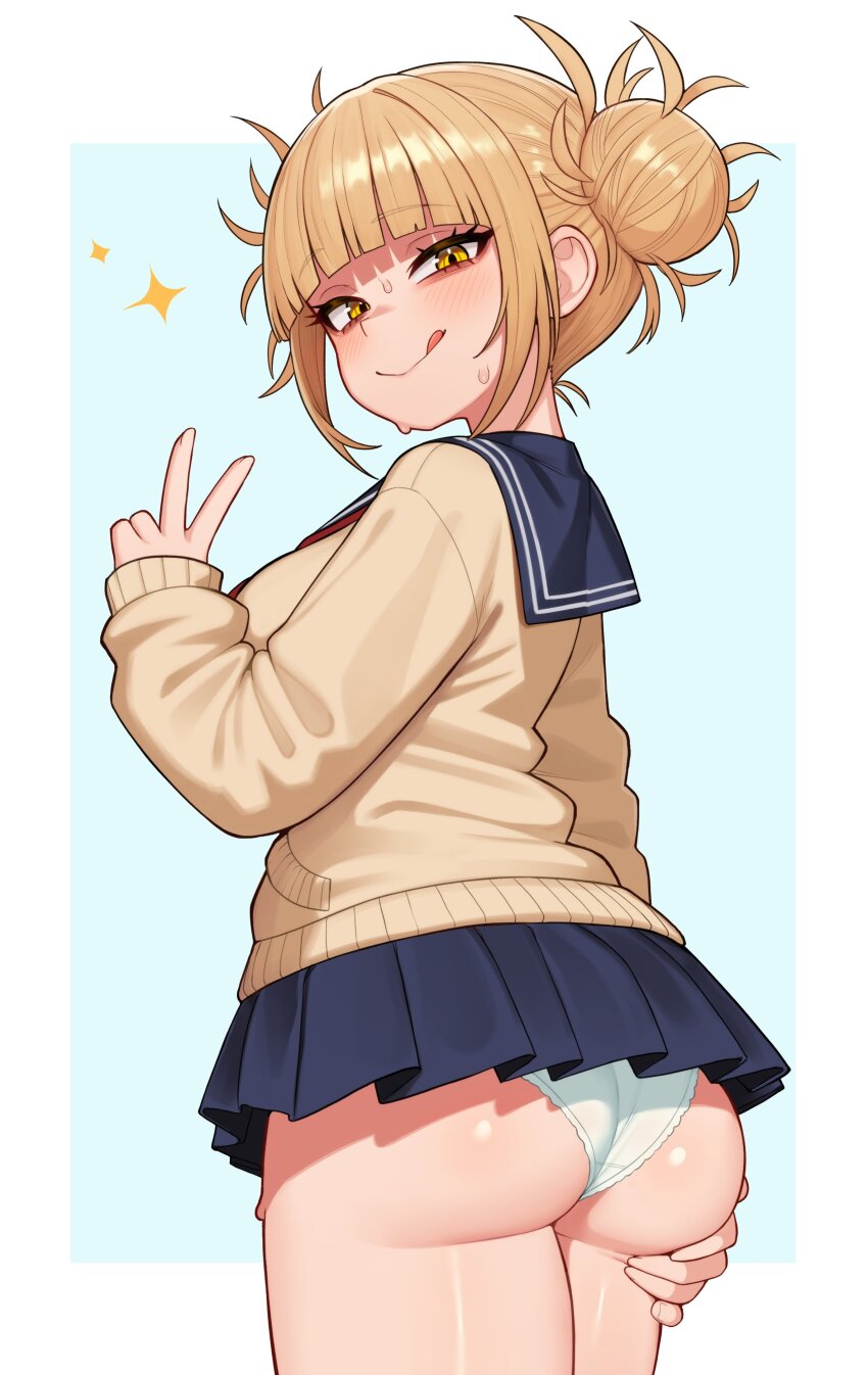 1girl :q absurdres ass blonde_hair boku_no_hero_academia breasts cowboy_shot double_bun hair_bun highres large_breasts messy_hair miniskirt moursho neckerchief panties school_uniform short_hair skirt solo toga_himiko tongue tongue_out underwear v wedgie white_panties yellow_eyes