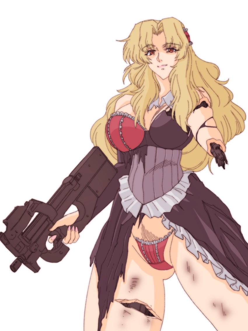 1girl absurdres amputee android blonde_hair bra breasts bullpup coyote_ragtime_show cropped_legs damaged dress exposed_internal_machinery frilled_dress frills gun highres holding holding_gun holding_weapon january_(coyote_ragtime_show) joints koube_masahiko large_breasts long_hair mechabare mechanical_arms mechanical_legs p90 pants personal_defense_weapon red_bra red_eyes red_pants robot_joints simple_background solo standing submachine_gun torn_clothes torn_dress underwear weapon
