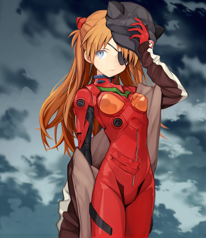 1girl animal_ears animal_hat arm_behind_back black_hat blue_eyes cabbie_hat cat_ears cowboy_shot evangelion:_3.0_you_can_(not)_redo eyepatch fake_animal_ears female_focus from_side grey_sky hat highres holding holding_unworn_clothes holding_unworn_hat interface_headset_(evangelion) kari_kenji legs_together light_brown_hair long_hair looking_to_the_side mecha_pilot_suit neon_genesis_evangelion off_shoulder outdoors parted_bangs plugsuit_(evangelion) rebuild_of_evangelion sky solo souryuu_asuka_langley standing sweater unworn_hat unworn_headwear very_long_hair