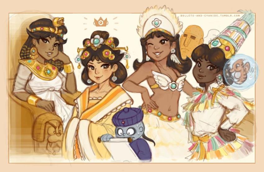 ancient_egyptian bandeau beige_background belly bikini black_hair blue_skin bracelet brown_eyes brown_hair bullets-and-cyanide chinese_clothes chinese_text colored_skin commentary crown dark_skin dragonzamasu earrings easter easter_island feather_earrings feathers fish flower_earrings gold_trim hand_on_own_cheek hand_on_own_face hand_on_own_hip headdress hip_focus jewelry king_totomesu lipstick makeup mario_(series) midriff moai navel nintendo one_eye_closed own_hands_together pionpi princess_daisy redesign ribbon scroll seahorse smirk sphinx super_mario_land swimsuit throne tumblr_username watermark web_address wide_sleeves