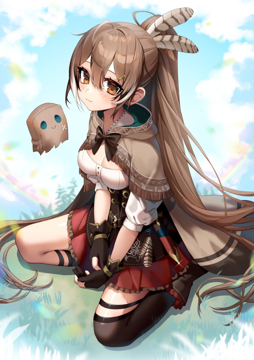 1girl absurdres asymmetrical_legwear bow bowtie breasts brown_bow brown_bowtie brown_cloak brown_corset brown_eyes brown_hair cleavage cloak corset feather_hair_ornament feathers friend_(nanashi_mumei) frilled_skirt frills gloves hair_ornament hairclip highres hololive hololive_english kneehighs long_hair looking_at_viewer mismatched_legwear multicolored_hair nanashi_mumei nanashi_mumei_(1st_costume) partially_fingerless_gloves ponytail red_skirt sheath sheathed shianebulae sitting skirt socks streaked_hair thighhighs virtual_youtuber