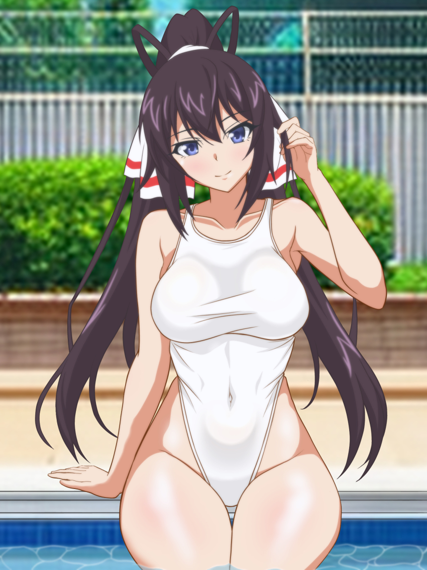 1girl black_hair blue_eyes breasts competition_swimsuit covered_navel cowboy_shot hata_(pixiv10403940) high_ponytail highleg highleg_one-piece_swimsuit highres infinite_stratos large_breasts long_hair multicolored_clothes one-piece_swimsuit ponytail poolside shinonono_houki sitting soaking_feet solo split_ponytail swimsuit thigh_gap white_one-piece_swimsuit