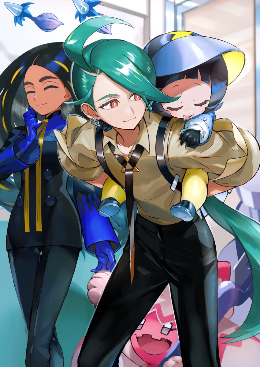 3girls :d ^_^ arched_bangs black_gloves black_hair black_pants black_suit blue_gloves carrying closed_eyes closed_mouth colored_skin commentary_request dark-skinned_female dark_skin earrings formal_clothes game_freak geeta_(pokemon) glimmet gloves green_hair grey_shirt hammer highres holding holding_hammer indoors jewelry long_hair multiple_girls nintendo open_mouth orange_mikan pants piggyback pink_skin pokemon pokemon_(creature) pokemon_sv poppy_(pokemon) purple_eyes red_eyes rika_(pokemon) shirt smile suit suspenders tinkaton very_long_hair walking yellow_pants