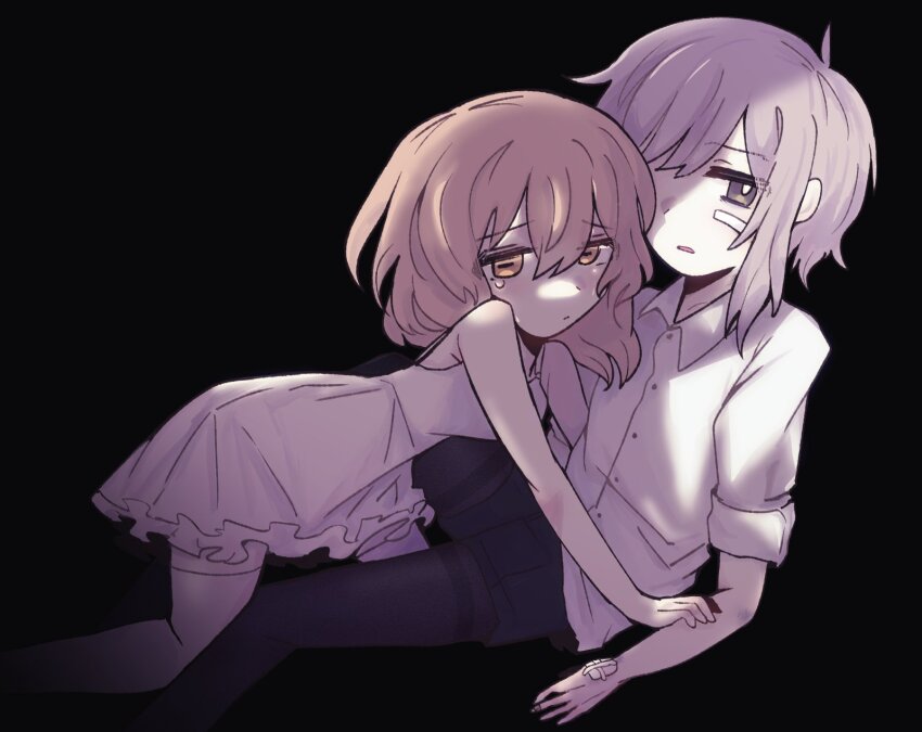 1boy 1girl backlighting bandaid bandaid_on_cheek bandaid_on_face bandaid_on_finger bare_shoulders black_background black_pantyhose black_shorts bright_pupils bruise_on_arm dress feet_out_of_frame frilled_dress frills frown gauze gauze_on_cheek gauze_on_hand hand_on_another&#039;s_arm happy_saint_sheol highres horizontal_pupils invisible_chair jitome leg_between_thighs looking_at_viewer maya_elbeth medium_hair multicolored_eyes noctishy open_mouth orange_eyes pantyhose pantyhose_under_shorts parted_bangs purple_dress purple_eyes securett_rafe shirt short_hair shorts sidelighting single_sidelock sitting sleeveless sleeveless_dress sleeves_rolled_up teardrop thighband_pantyhose thighhighs white_dress white_pupils white_shirt white_thighhighs yellow_eyes