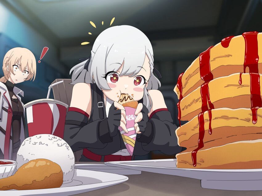 ! +_+ 2girls bare_shoulders black_gloves black_ribbon black_sleeves blonde_hair blush_stickers chicken_(food) crepe cup detached_sleeves disposable_cup drinking_straw eating fingerless_gloves food girls&#039;_frontline girls&#039;_frontline_2:_exilium gloves green_eyes groza_(girls&#039;_frontline_2) hair_ribbon highres holding holding_food holding_ice_cream ice_cream indoors ketchup long_hair long_sleeves looking_at_another multiple_girls ots-14_(girls&#039;_frontline) pancake pancake_stack plasbott red_eyes ribbon sabrina_(girls&#039;_frontline_2) solo_focus spas-12_(girls&#039;_frontline)