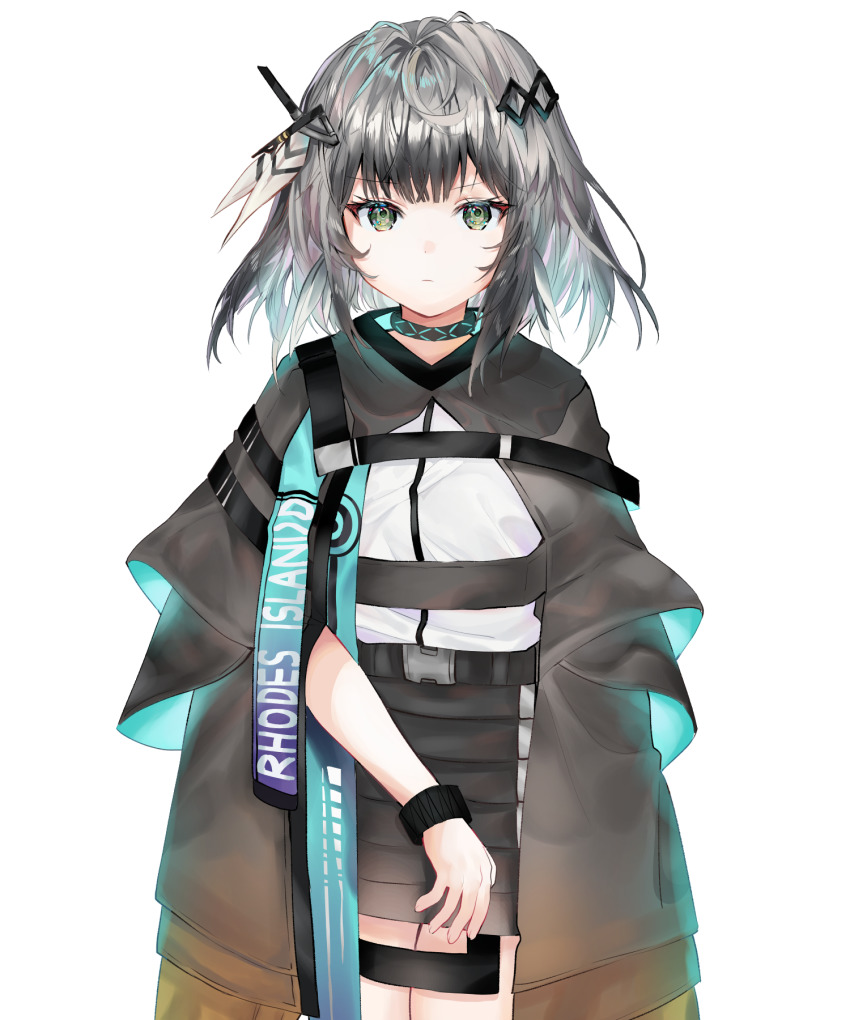 1girl 414_(hncx3355) arknights belt black_skirt bracelet english_text feather_hair_ornament feathers green_eyes grey_cloak greythroat_(arknights) hair_ornament highres infection_monitor_(arknights) jewelry multicolored_hair shirt short_hair silver_hair simple_background skirt solo white_background white_shirt