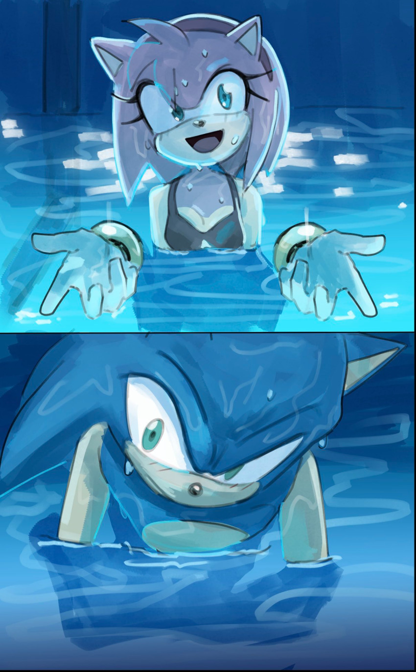 amy_rose bikini blue_fur blue_hair blush chainsaw_man gloves green_eyes i&#039;ll_teach_you_everything_(chainsaw_man) medium_hair night parody pink_fur pink_hair pool rakugaki_lila53 scene_reference smile sonamy sonic_(series) sonic_the_hedgehog spiked_hair swimming swimsuit wet