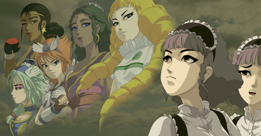 6+girls apoko_kurito bara_to_tsubaki bara_to_tsubaki_3 blonde_hair blue_eyes blue_hairband boxing_gloves breasts brown_eyes brown_gloves brown_hair brown_lips circlet cleavage cleavage_cutout clothing_cutout commentary_request crop_top dark-skinned_female dark_skin drill_hair earrings eyeshadow facial_mark fingerless_gloves forehead_mark frown gloves green_eyes green_hair grey_hair hairband highres hoop_earrings indian_clothes jewelry large_breasts long_hair maid maid_headdress makeup medium_breasts mei_moesu midriff mismatched_eyebrows mita_lefti mita_righti multiple_girls naramura official_art one_eye_closed open_mouth orange_hair pink_eyeshadow raised_inner_eyebrows red_lips seiko_the_slapittarius short_hair siblings sidelocks single_strap sisters small_breasts smile star_(symbol) star_earrings suwa_kuroe twins vambraces winn_bourbon yumi_gakushi