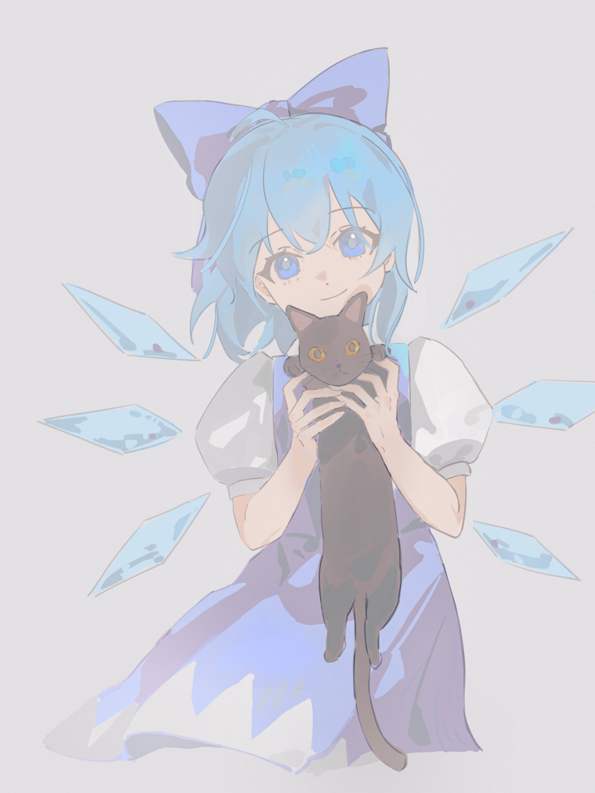1girl absurdres animal black_cat blue_bow blue_dress blue_eyes blue_hair bow cat cirno closed_mouth commentary detached_wings dress grey_background hair_bow highres holding holding_animal holding_cat ice ice_wings li_meng_shan looking_at_viewer pinafore_dress puffy_short_sleeves puffy_sleeves shirt short_sleeves simple_background sleeveless sleeveless_dress smile solo touhou white_shirt wings