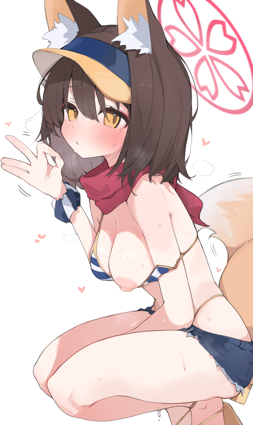 1girl animal_ear_fluff animal_ears bar_censor bikini black_shorts blue_archive blush breasts brown_hair censored closed_mouth commentary_request denim denim_shorts fellatio_gesture fox_ears fox_girl fox_tail hair_between_eyes halo handjob_gesture heart highres izuna_(blue_archive) izuna_(swimsuit)_(blue_archive) looking_at_viewer medium_breasts mikozin nipples official_alternate_costume one_breast_out pink_halo puffy_nipples red_scarf scarf scrunchie short_hair shorts simple_background solo spoken_heart striped_bikini striped_clothes swimsuit tail thighs visor_cap white_background wrist_scrunchie yellow_eyes