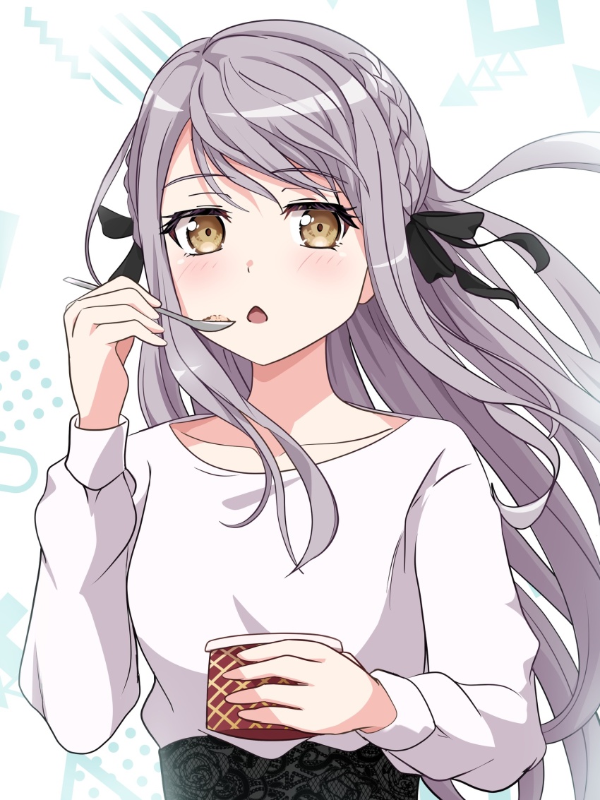 1girl alternate_costume bang_dream! eating food grey_hair highres long_hair minato_yukina nekoverse open_mouth shirt simple_background skirt solo spoon white_background white_shirt yellow_eyes