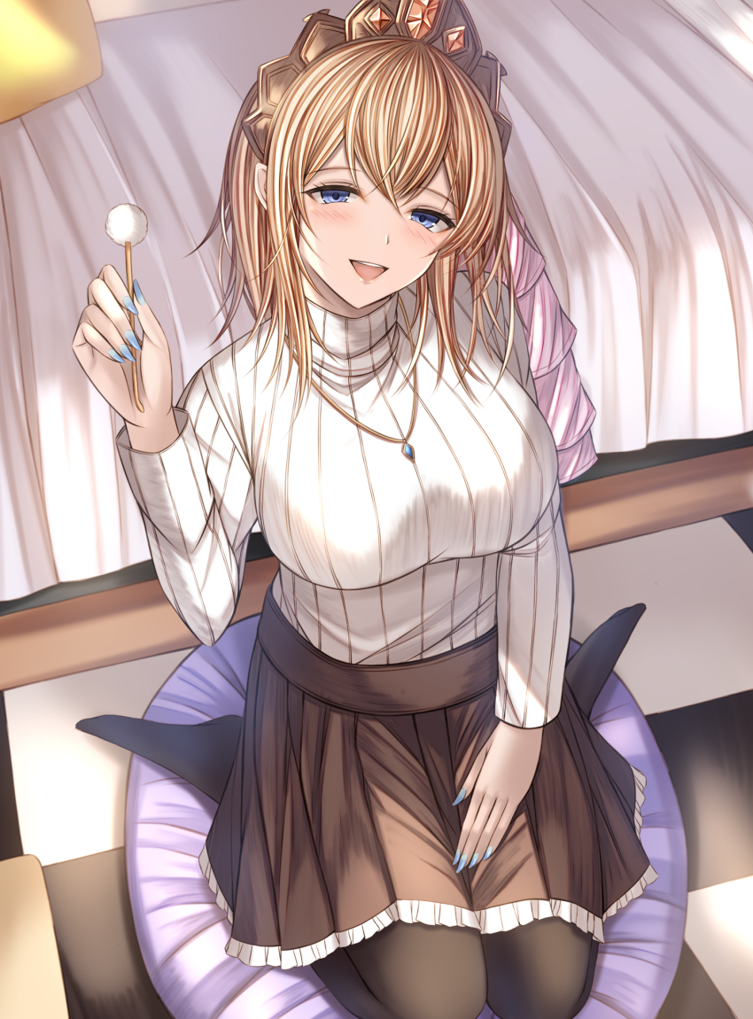 1girl bed blonde_hair blue_eyes blue_nails brown_skirt check_commentary checkered_floor commentary commentary_request diadem europa_(granblue_fantasy) gem granblue_fantasy highres jewelry kanpyou_(hghgkenfany) kneeling lace lace-trimmed_skirt lace_trim mimikaki orange_gemstone pendant pillow ribbed_sweater skirt solo sweater turtleneck white_sweater