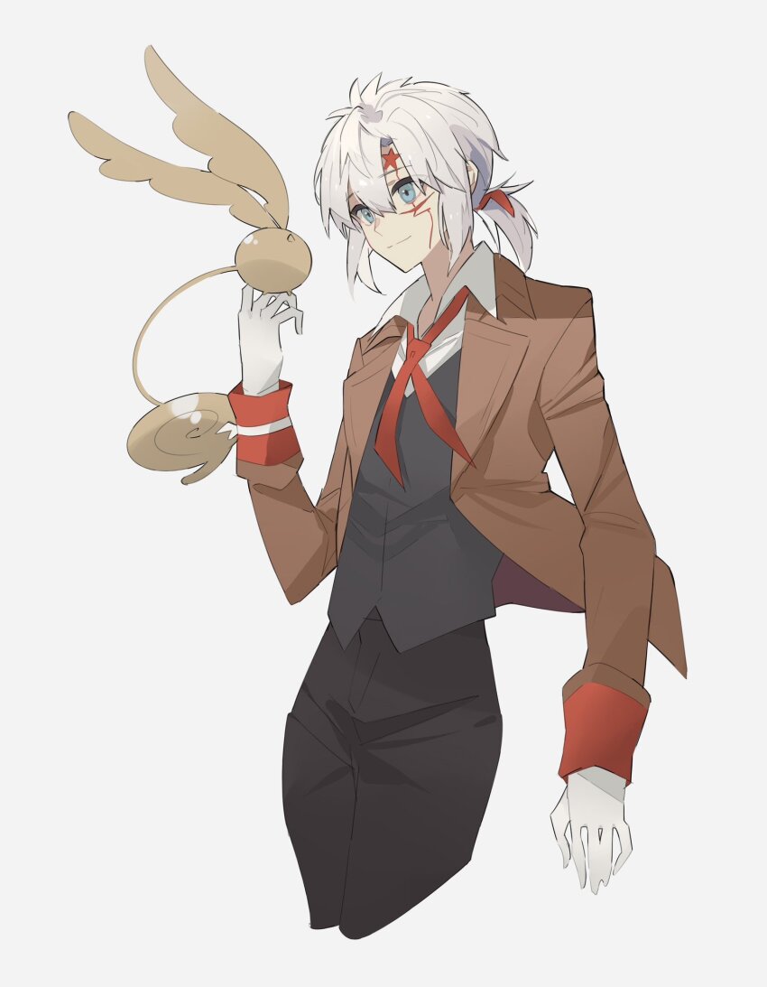 1boy allen_walker black_pants black_vest blue_eyes brown_coat coat collared_coat collared_shirt creature creature_on_hand d.gray-man facial_mark floating_clothes george_man gloves golem_(d.gray-man) grey_background hair_between_eyes hair_ribbon highres light_smile looking_at_another low_ponytail medium_hair necktie pants ponytail red_necktie red_ribbon ribbon scar scar_on_face shirt short_ponytail sidelocks solo star_(symbol) star_facial_mark striped_coat tail timcanpy trench_coat vest white_gloves white_hair white_shirt wings