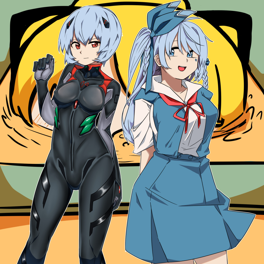 2girls 3girls ayanami_rei ayanami_rei_(cosplay) black_bodysuit black_survival blonde_hair blue_bow blue_eyes blue_hair blue_skirt blue_vest blush bodysuit bow braid breasts closed_mouth commentary_request cosplay crossover emma_hardy evangelion:_3.0_you_can_(not)_redo feet_out_of_frame hair_bow headgear highres interface_headset_(evangelion) kurodani_yamame large_breasts long_hair looking_at_viewer mecha_pilot_suit medium_breasts multiple_girls neck_ribbon neon_genesis_evangelion one_side_up open_mouth plugsuit_(evangelion) rebuild_of_evangelion red_eyes red_ribbon ribbon rinyamame science_fiction shirt short_hair skirt smile touhou twin_braids vest white_shirt