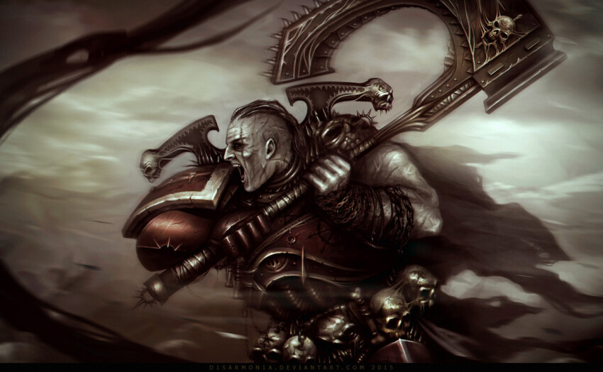 1boy adeptus_astartes armor axe bald battle battle_axe blurry blurry_background bone breastplate butchers_nails cable cape chain chain_axe chaos_(warhammer) chaos_space_marine from_side gauntlets holding holding_axe kharn khorne leg_armor muscular muscular_male outdoors pauldrons running scar scar_on_face screaming sharp_teeth shoulder_armor shouting single_bare_arm single_pauldron skull solo teeth thigh_armor torn_cape torn_clothes veronica_anrathi warhammer_40k weapon world_eaters