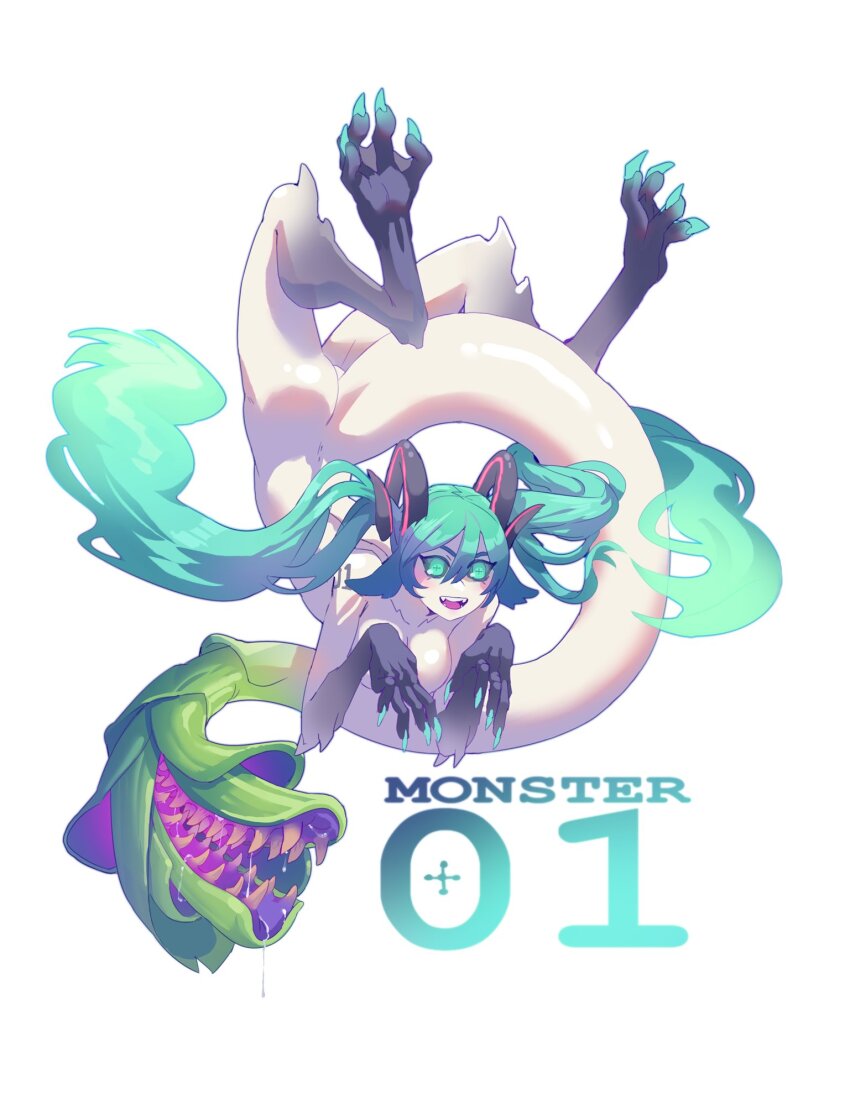 1girl claws commentary digitigrade english_commentary extremely-nervess fangs full_body green_eyes hatsune_miku highres horns monster_girl original simple_background solo tail tail_mouth twintails vocaloid white_background worldwide_miku