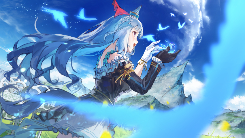1girl absurdres animal_ears asymmetrical_gloves bird black_dress black_gloves blue_bird blue_hair blue_sky bow braid breasts commentary_request cowboy_shot day dress dutch_angle ear_ribbon frilled_dress frills from_side gloves hands_up highres horse_ears horse_girl large_breasts long_sleeves looking_up mejiro_ardan_(umamusume) mismatched_gloves mountain open_mouth outdoors profile purple_eyes red_ribbon ribbon sky solo umamusume white_gloves yu_hydra