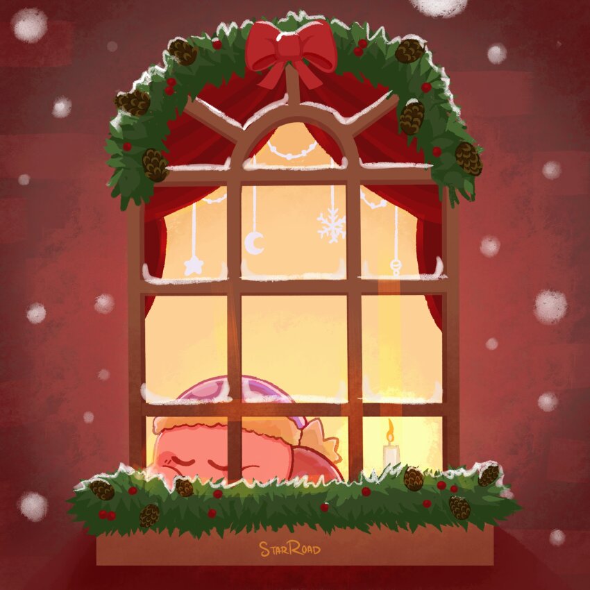 candle christmas closed_eyes colored_skin hat highres kirby kirby_(series) nightcap nintendo no_humans pinecone pink_skin pom_pom_(clothes) signature sleeping snowing solo star_(symbol) starroad window
