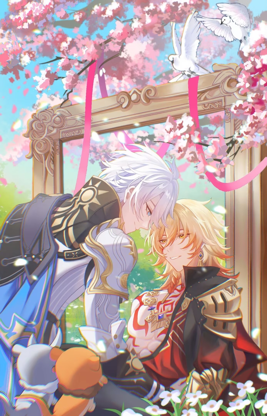 2boys antenna_hair armor bare_pectorals bird black_coat black_shirt blonde_hair blue_cape blue_eyes blue_sky braid cape cherry_blossoms chest_tattoo chimera_(honkai:_star_rail) chinese_commentary clawed_gauntlets coat collared_shirt commentary_request dove earrings empty_picture_frame facial_tattoo flower gold_earrings gold_necklace gradient_hair hair_between_eyes highres honkai:_star_rail honkai_(series) jewelry looking_at_another luowu05578 male_focus medium_hair multicolored_hair multiple_boys mydei_(honkai:_star_rail) necklace on_grass open_clothes open_coat pauldrons pectorals phainon_(honkai:_star_rail) picture_frame red_hair red_tattoo shirt short_hair shoulder_armor side_braid single_pauldron sky sun_print tattoo toned toned_male white_coat white_flower white_hair yellow_eyes