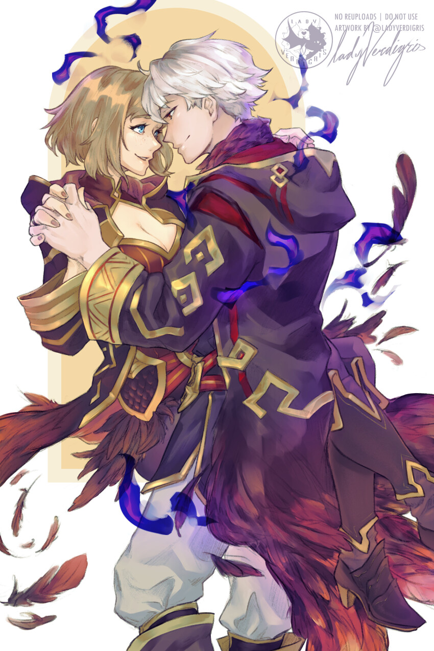 1boy 1girl absurdres alternate_costume black_robe blonde_hair blue_eyes breasts cleavage closed_mouth commentary commission english_commentary female_kiran_(fire_emblem) fire_emblem fire_emblem_awakening fire_emblem_heroes from_behind from_side grima_(fire_emblem) hetero highres holding_hands hooded_robe interlocked_fingers kiran_(fire_emblem) ladyverdigris long_sleeves looking_at_another male_robin_(fire_emblem) medium_breasts nintendo pants robe short_hair signature simple_background smile standing watermark white_background white_hair white_pants