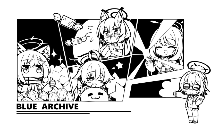 5girls :d ;d =_hair_ornament ^_^ ahoge animal_ear_fluff animal_ears ayane_(blue_archive) banknote blue_archive blush bright_pupils card cat_ears cat_girl chibi chibi_only closed_eyes copyright_name diamond-shaped_pupils diamond_(gemstone) diamond_(shape) facing_viewer fang foreclosure_task_force_(blue_archive) glasses hair_between_eyes halo hashtag-only_commentary highres holding holding_card hoshino_(blue_archive) id_card kneehighs long_hair medium_hair miniskirt mismatched_pupils money monochrome multiple_girls necktie needle_(574187457) nonomi_(blue_archive) nose_blush one_eye_closed open_mouth outstretched_arm pleated_skirt pointy_ears scarf school_uniform serika_(blue_archive) shiroko_(blue_archive) simple_background skirt slit_pupils smile socks standing sweatdrop symbol-shaped_pupils thumbs_up twintails v v-shaped_eyebrows waitress white_background white_pupils wolf_ears wolf_girl