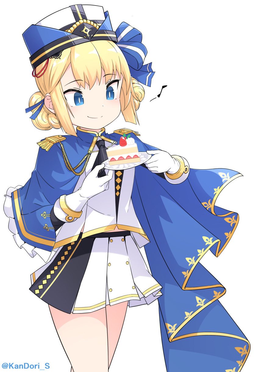 1girl absurdres ascot azur_lane black_ascot blonde_hair blue_cape blue_eyes cake cape closed_mouth commentary cowboy_shot epaulettes female_focus food fruit gloves hardy_(azur_lane) hat hat_ribbon highres holding holding_plate kandori long_sleeves military military_hat military_uniform musical_note plate pleated_skirt ribbon shirt sidelocks simple_background skirt smile solo standing strawberry strawberry_shortcake twitter_username white_background white_gloves white_shirt white_skirt