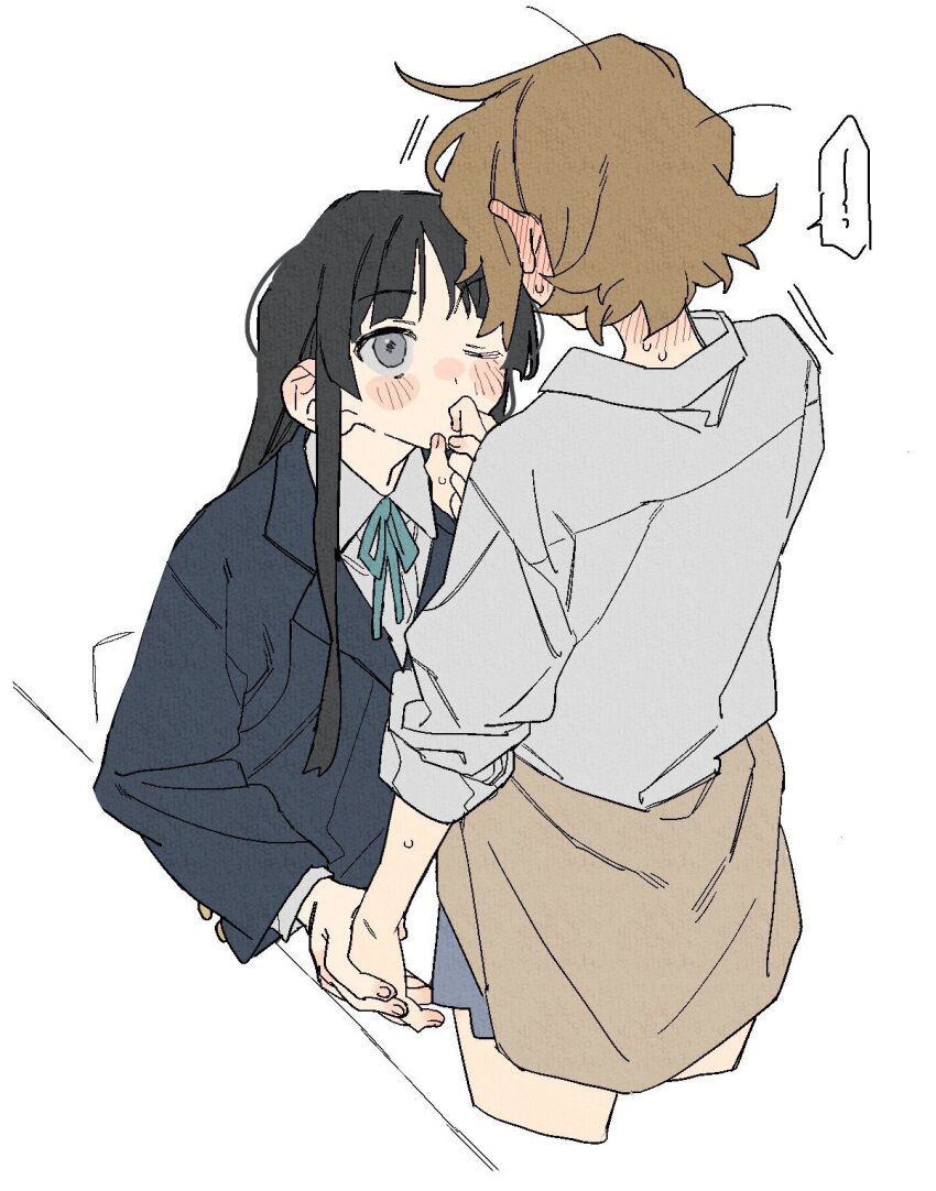 2girls akiyama_mio black_hair black_jacket blush brown_hair clothes_around_waist collared_shirt dayama ear_blush grey_eyes highres holding_hands jacket k-on! kiss kissing_hand long_hair multiple_girls neck_blush one_eye_closed shirt short_hair simple_background speech_bubble sweat sweater sweater_around_waist tainaka_ritsu white_background white_shirt yuri