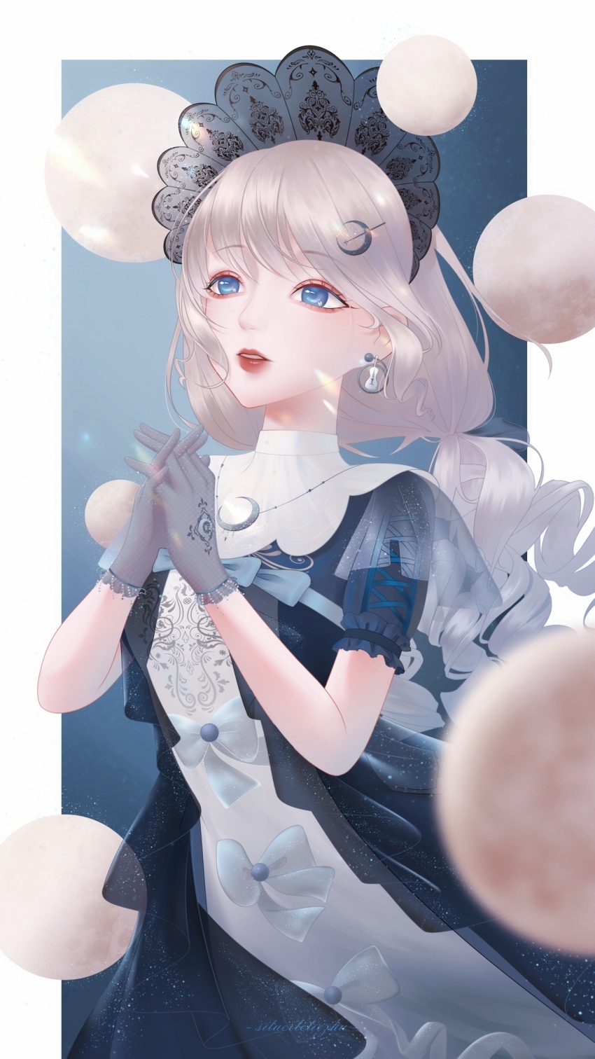 1girl absurdres artist_name black_bonnet black_dress blonde_hair blue_background blue_bow blue_bowtie blue_eyes bonnet border bow bow_button bowtie capelet character_request chinese_commentary commentary_request cowboy_shot crescent crescent_hair_ornament crescent_print cross-laced_clothes cross-laced_sleeves dress earrings expressionless eyelashes eyeshadow floating_clothes floating_hair frilled_gloves frilled_sleeves frills gloves hair_ornament hairclip highres hoop_earrings interlocked_fingers jewelry lace_headwear layered_dress light_particles lipstick long_hair low-tied_long_hair low_ponytail makeup moon nikki_(series) outside_border own_hands_together parted_lips pink_eyeshadow ponytail red_lips shining_nikki short_sleeves situ&#039;erte_tiezhu solo standing turtleneck_capelet wavy_hair white_border white_capelet white_dress wind