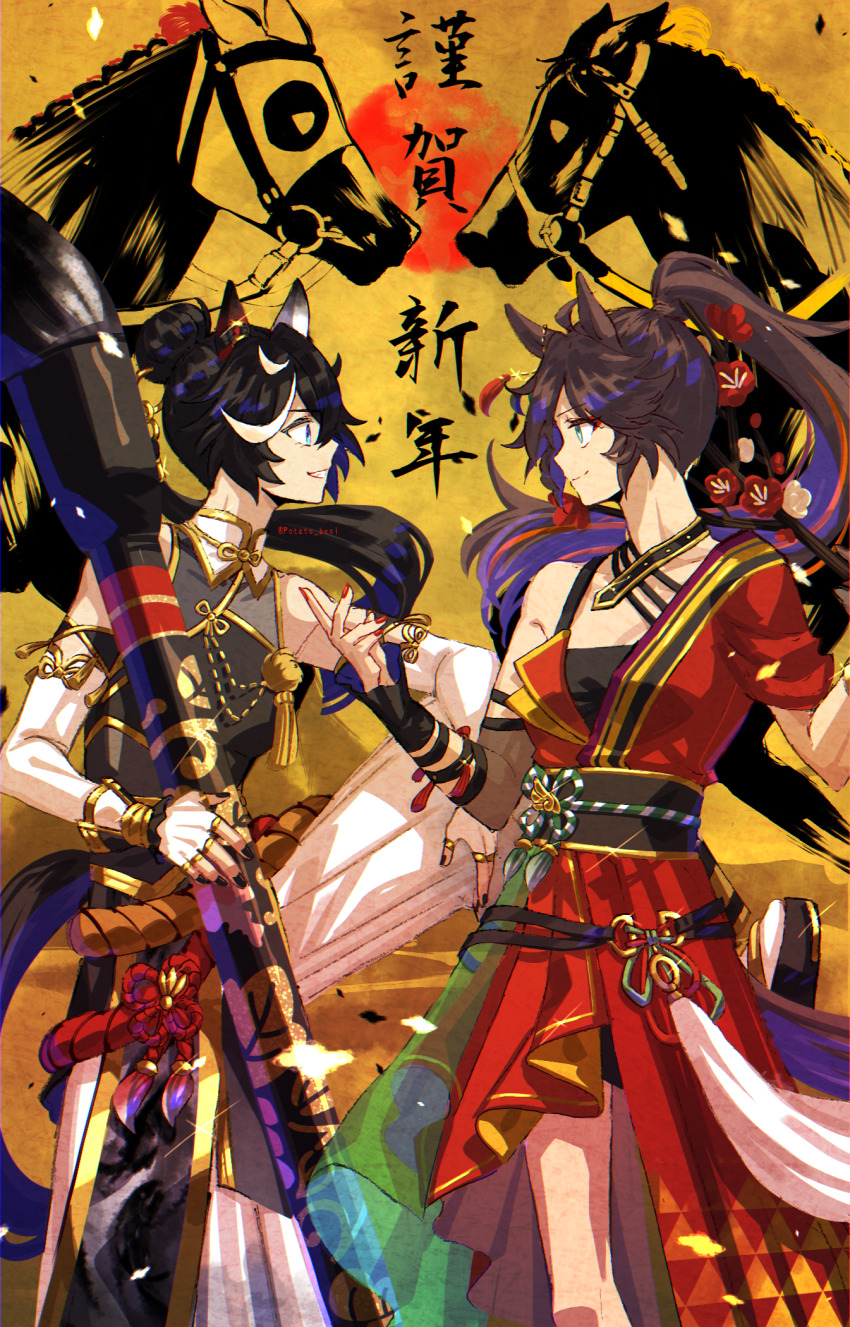 2girls animal_ears back bare_shoulders belt black_hair black_shirt blue_eyes branch breasts brown_hair clothing_cutout detached_sleeves dress ear_covers elbow_gloves fingerless_gloves from_side giant_brush gloves green_eyes hair_extensions highres holding holding_branch holding_brush horse horse_ears horse_girl horse_tail jagaimobeniko katsuragi_ace_(pen_name:_ink_dragon)_(umamusume) katsuragi_ace_(racehorse) katsuragi_ace_(umamusume) long_hair mr._c.b._(dazzling_kabuki_flower)_(umamusume) mr._c.b._(racehorse) mr._c.b._(umamusume) multicolored_hair multiple_girls official_alternate_costume official_alternate_hairstyle open_mouth ponytail red_dress red_nails revision ring_hair_extensions sash shirt single_bare_shoulder single_glove single_sleeve skirt small_breasts smile strapless strapless_shirt streaked_hair tail tail_through_clothes teeth umamusume white_gloves white_skirt