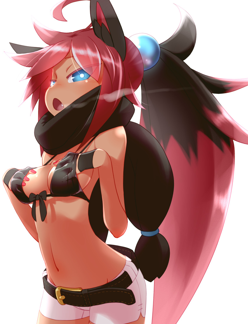 1girl absurdres ahoge animal_ears belt bikini bikini_top_only black_hair blue_eyes breasts dark-skinned_female dark_skin fang game_freak gen_5_pokemon gloves grabbing_own_breast highres long_hair looking_at_viewer medium_breasts multicolored_hair navel neck_o nintendo open_mouth personification pokemon red_hair short_shorts shorts simple_background solo swimsuit tan two-tone_hair very_long_hair white_background zoroark