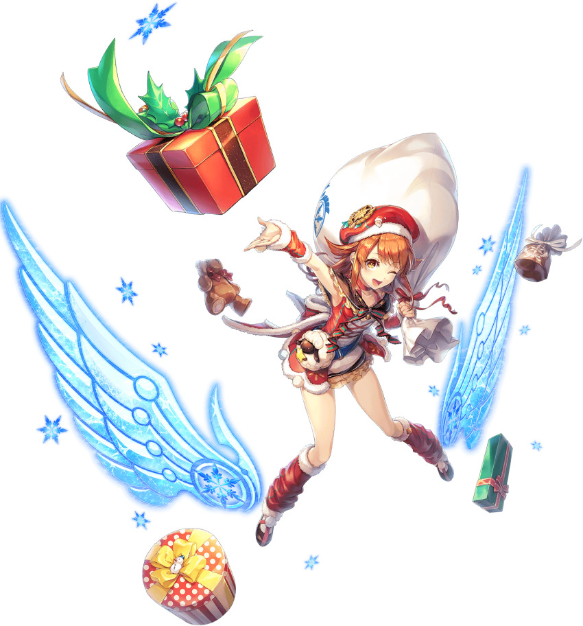 1girl ankle_wings arm_up armpits artist_request bare_legs bow breasts detached_wings full_body game_cg gift hat highres holding holding_sack merumeru_(unitia) official_art one_eye_closed open_mouth orange_eyes orange_hair red_bow sack santa_hat snowflakes snowman solo source_request stuffed_animal stuffed_toy teddy_bear transparent_background unitia wings yellow_bow
