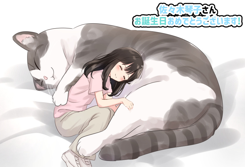 1girl :3 ^_^ absurdres alt_text animal animification black_hair blush cat closed_eyes closed_mouth commentary_request full_body grey_pants grey_shoes hanazora_satsuki happy_birthday highres knees_up leaning_on_animal long_hair nogizaka46 oversized_animal pants pink_shirt real_life sasaki_kotoko shirt shoes short_sleeves smile sneakers solo split_mouth t-shirt translated voice_actor
