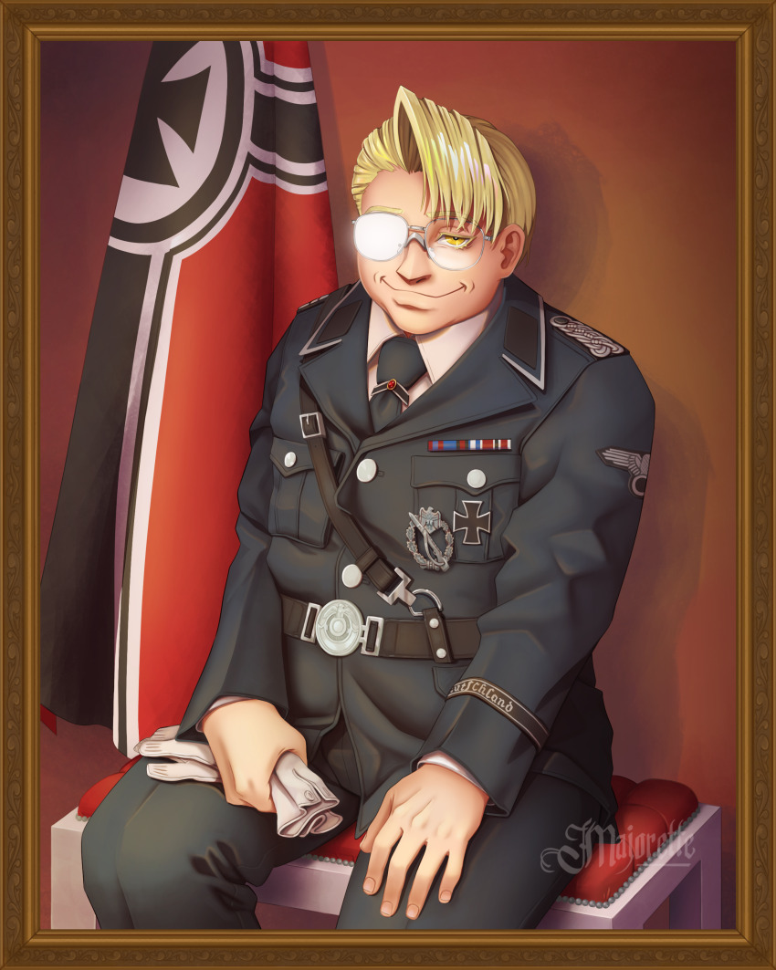1boy absurdres artist_name belt belt_buckle blonde_hair buckle flag glasses gloves grin hellsing highres holding holding_gloves holding_unworn_clothes major_(hellsing) majorette_(artist) male_focus medal military nazi_flag necktie one_eye_covered painting_(object) reichsadler short_hair sitting smile solo ss_uniform unworn_gloves white_gloves