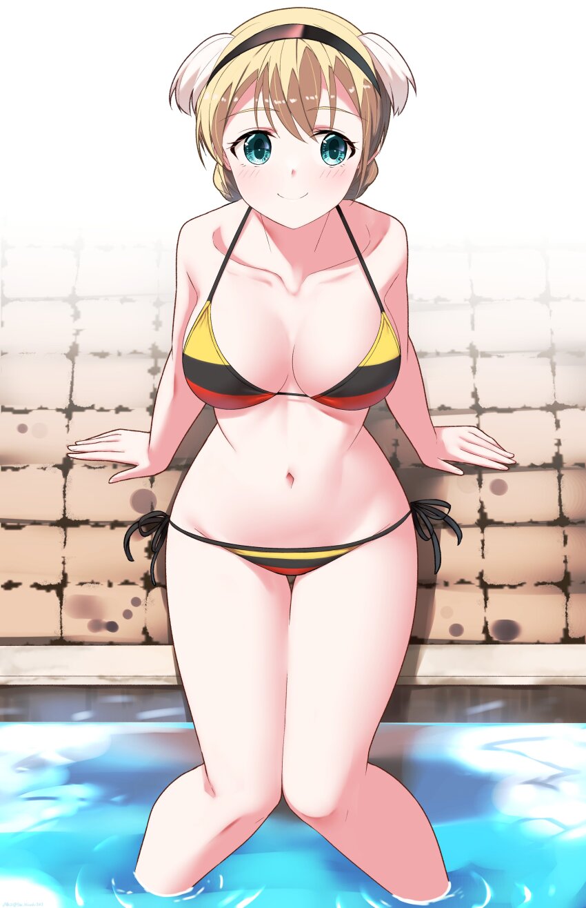 1girl absurdres animal_ears bikini blonde_hair blue_eyes blush braid breasts cleavage closed_mouth dog_ears french_braid highres hiroshi_(hunter-of-kct) large_breasts looking_at_viewer navel noble_witches outdoors pool rosalie_de_hemricourt_de_grunne side-tie_bikini_bottom smile solo swimsuit world_witches_series