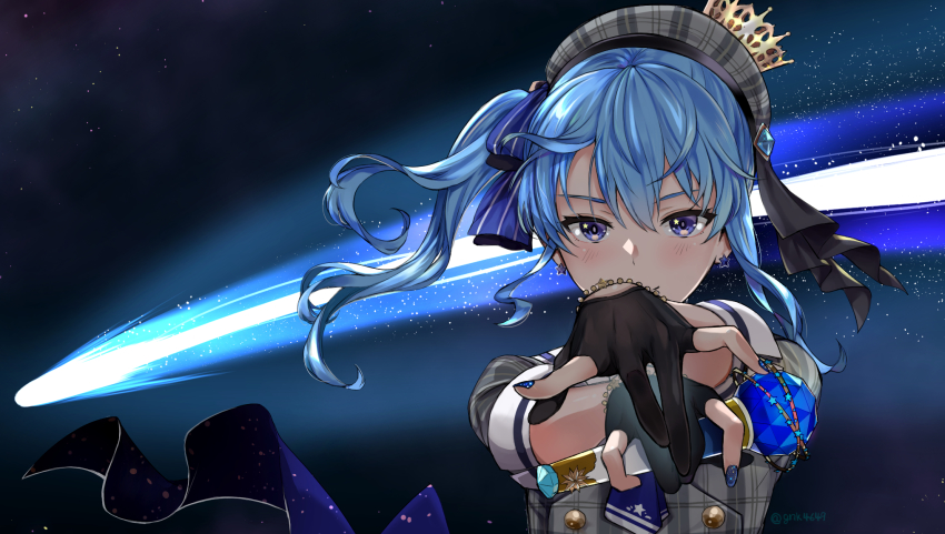 1girl asymmetrical_hair beret black_gloves blue_eyes blue_hair blue_nails blush closed_mouth comet commentary fingerless_gloves glitter gloves grey_hat grey_shirt hair_ribbon hat highres holding holding_microphone hololive hoshimachi_suisei hoshimachi_suisei_(1st_costume) looking_at_viewer medium_hair microphone nail_polish plaid_clothes plaid_hat plaid_shirt pukara ribbon shirt shooting_star side_ponytail simple_background sky smile solo star_(sky) star_(symbol) star_in_eye starry_sky striped_ribbon symbol_in_eye twitter_username upper_body virtual_youtuber