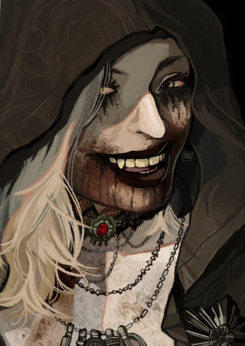 1girl bela_dimitrescu black_cloak black_lips blonde_hair blood blood_from_mouth blood_on_face cloak dried_blood green_eyes highres hood hooded_cloak looking_at_viewer looneyorca makeup mascara multiple_necklaces resident_evil resident_evil_village solo