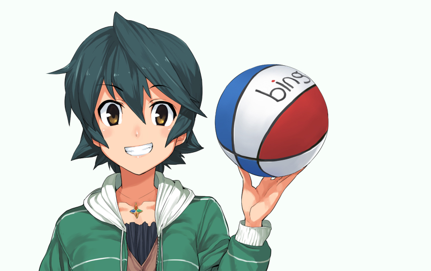 ball basketball basketball_(object) bing green_hair grin highres jewelry microsoft_bing microsoft_windows nanao_(bing) necklace one_eye_closed smile solo wink yellow_eyes