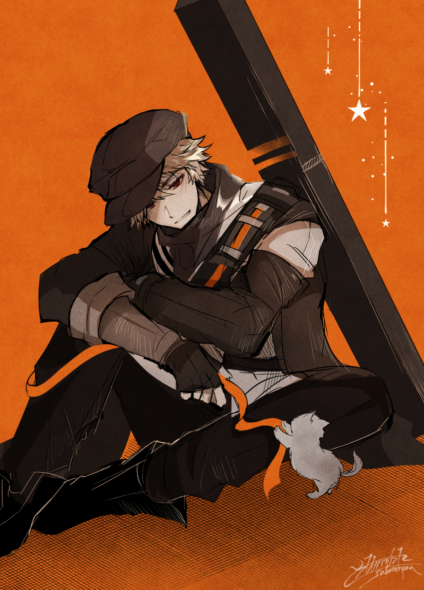1boy animal arknights baby_animal black_boots black_gloves black_hat black_jacket black_pants boots brown_hair cat fingerless_gloves gloves hair_between_eyes hat highres jacket kitten knee_up long_sleeves male_focus newsboy_cap oonohara_kenya orange_background pants red_(npc)_(arknights) red_eyes signature sitting smile solo star_(symbol)