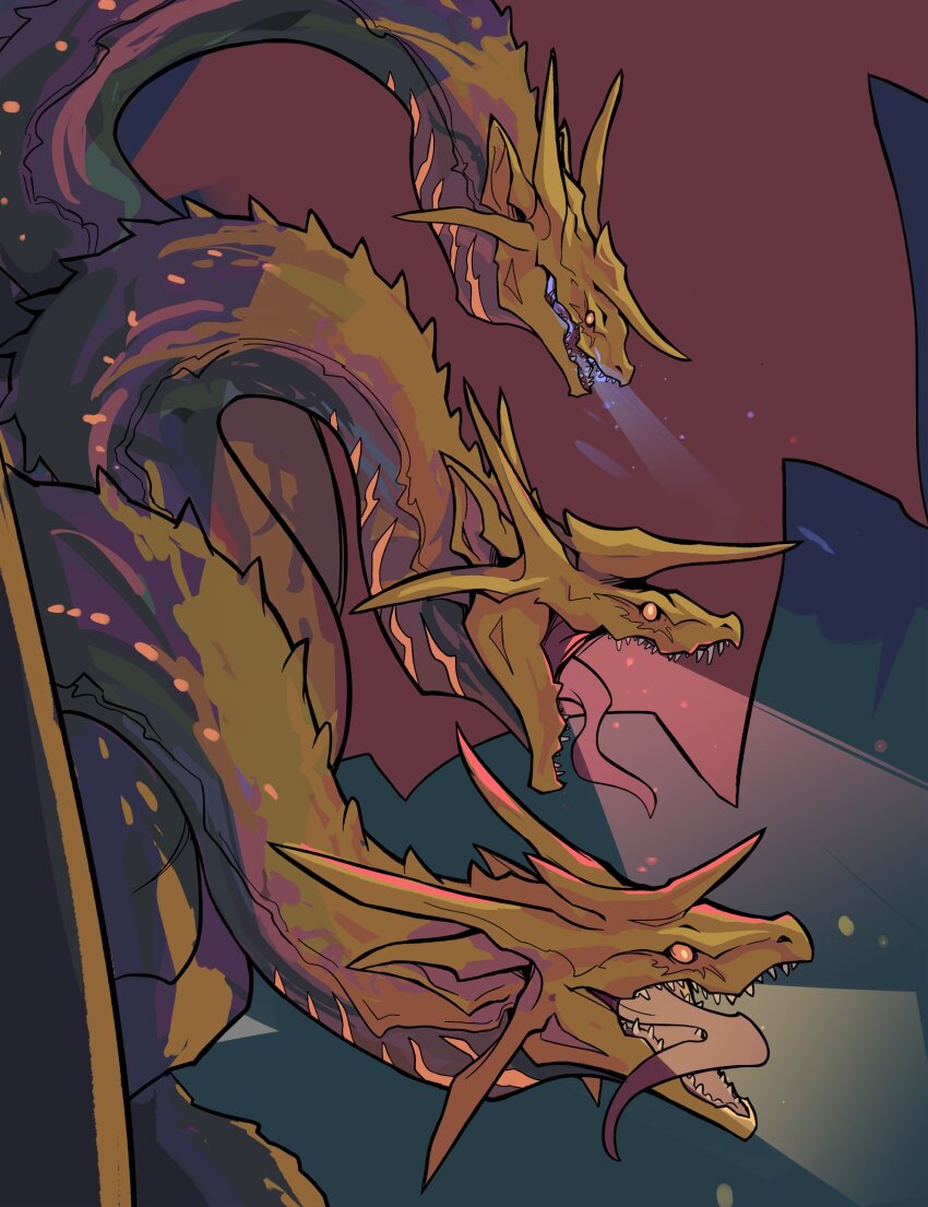 absurdres alien doobermcgoober dragon giant giant_monster glowing glowing_mouth godzilla_(series) highres horns hydra kaiju king_ghidorah monster multiple_heads no_humans open_mouth space_monster toho tongue tongue_out unfinished yellow_eyes