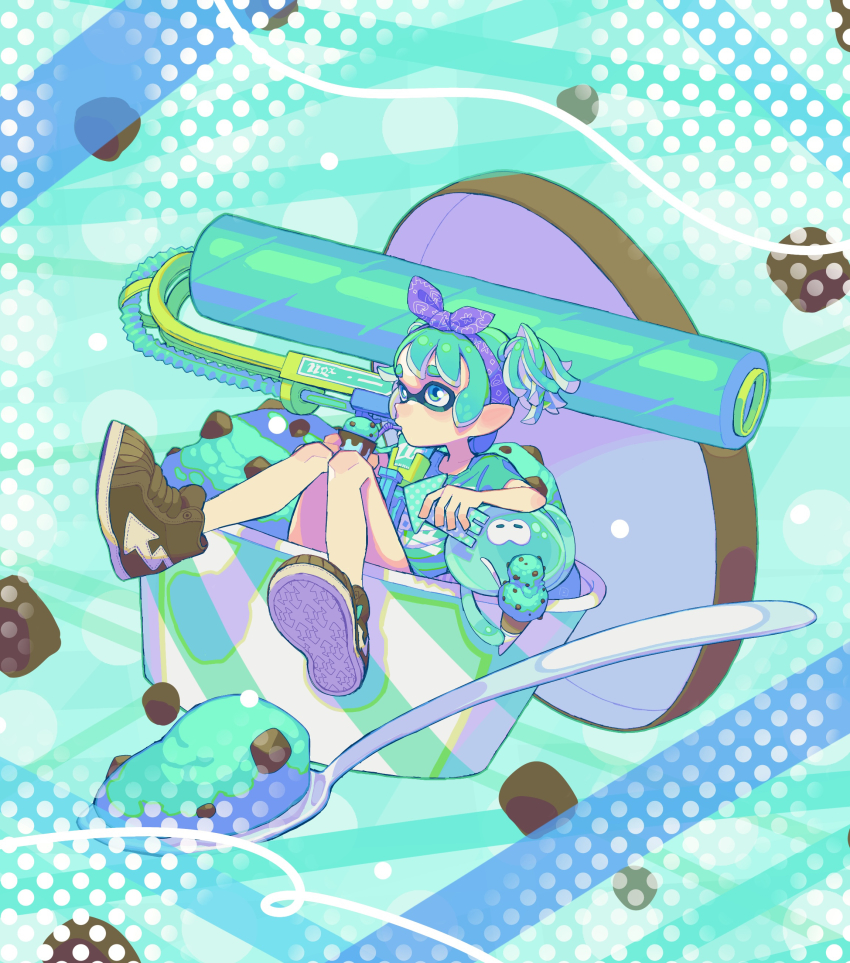 1girl absurdres aqua_eyes aqua_hair aqua_shirt aqua_theme bandana bendy_straw big_swig_roller_(splatoon) brown_shoes cellphone cup double_scoop drinking_straw drinking_straw_in_mouth food highres holding holding_food holding_ice_cream holding_ice_cream_cone holding_phone ice_cream ice_cream_cone ice_cream_cup in_container in_cup inkling inkling_girl inkling_player_character jellyfish_(splatoon) mint_chocolate nintendo phone pointy_ears purple_bandana shirt shoes short_hair short_sleeves short_twintails smartphone sneakers splatoon_(series) spoon tentacle_hair twintails yoshioka_suke