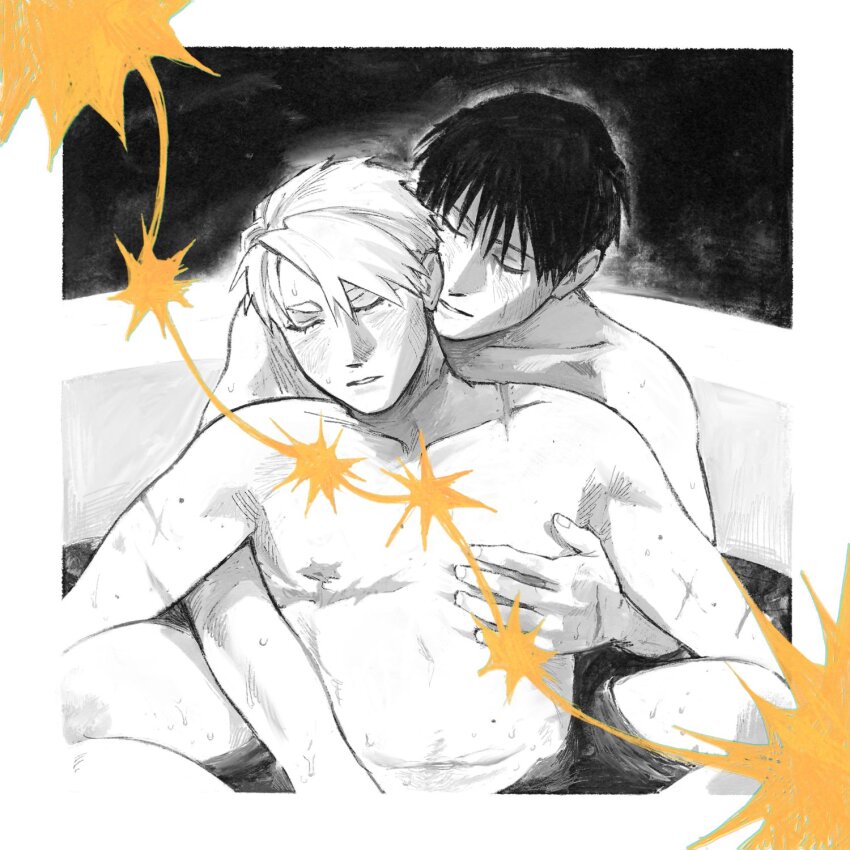 2boys bath black_hair blush fullmetal_alchemist genderswap genderswap_(ftm) greyscale highres mastectomy_scar mole mole_under_eye monochrome multiple_boys riza_hawkeye roy_mustang scar scar_on_chest shared_bathing short_hair tomochingus wet yaoi