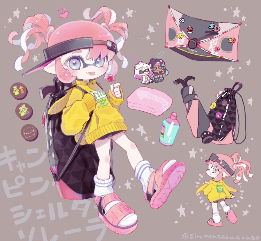 1girl :p amezawa_koma black_bag black_shorts blue_eyes candy character_doll closed_mouth commentary_request doll dolphin_shorts food full_body gradient_eyes heart heart_in_eye highres holding holding_candy holding_food holding_lollipop holding_strap inkling inkling_girl inkling_player_character jacket lollipop long_sleeves looking_at_viewer marina_(splatoon) multicolored_eyes multiple_views nintendo pearl_(splatoon) pink_eyes pink_hair pink_sandals pointy_ears sandals short_hair short_twintails shorts sidelocks sleeves_past_wrists socks splatoon_(series) swept_bangs symbol_in_eye tenta_brella_(splatoon) tentacle_hair tongue tongue_out twintails two-tone_eyes white_socks yellow_jacket