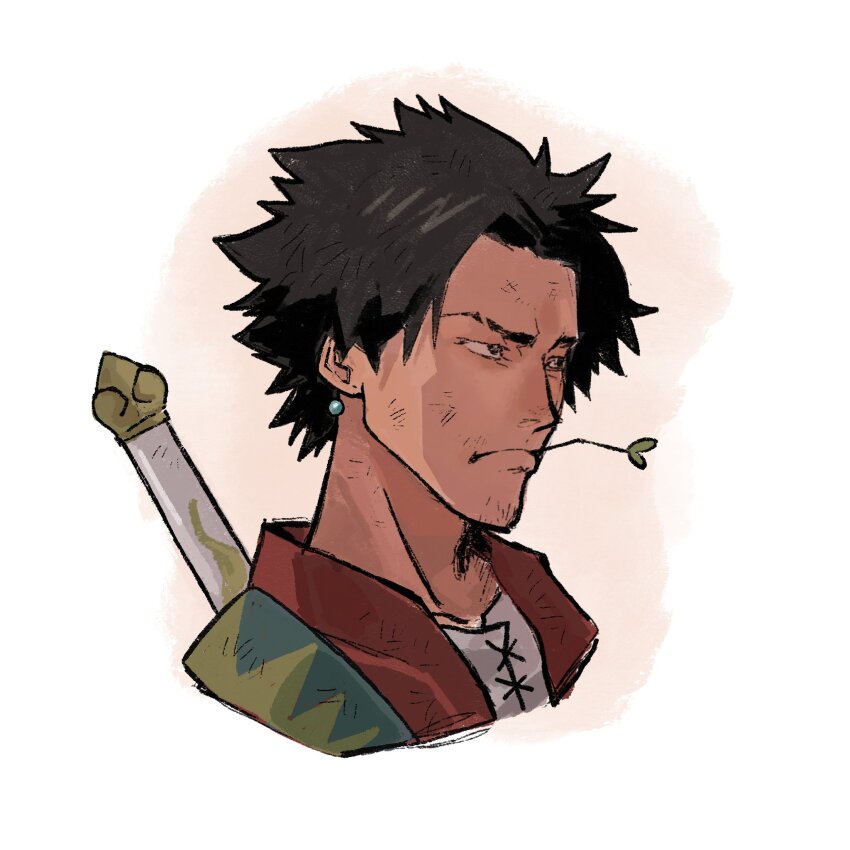 1boy black_hair closed_mouth facial_hair goatee_stubble highres looking_to_the_side male_focus mugen_(samurai_champloo) portrait samurai_champloo short_hair solo stubble sword sword_on_back toku0034 upper_body weapon weapon_on_back