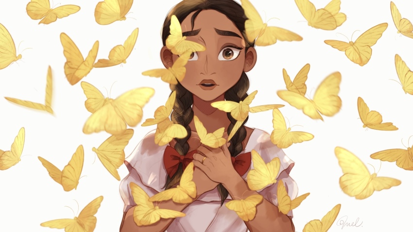 1girl aged_down alma_madrigal bow braid brown_eyes brown_hair bug butterfly dark-skinned_female dark_skin encanto hair_bow highres insect long_hair looking_at_viewer melchencanto red_bow shirt short_sleeves signature simple_background solo twin_braids upper_body white_background white_shirt yellow_butterfly