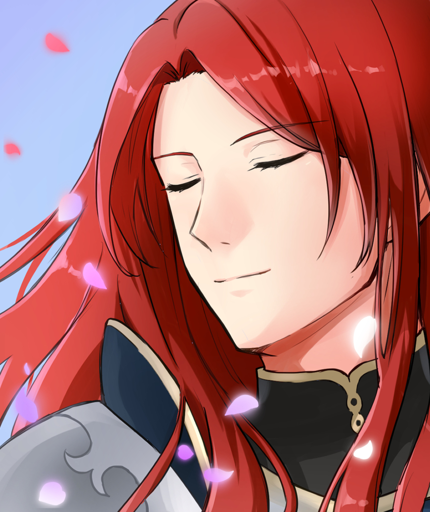 1boy armor blue_background close-up closed_eyes commentary_request fate/grand_order fate_(series) highres long_hair male_focus petals portrait red_hair smile solo torinonest tristan_(fate)