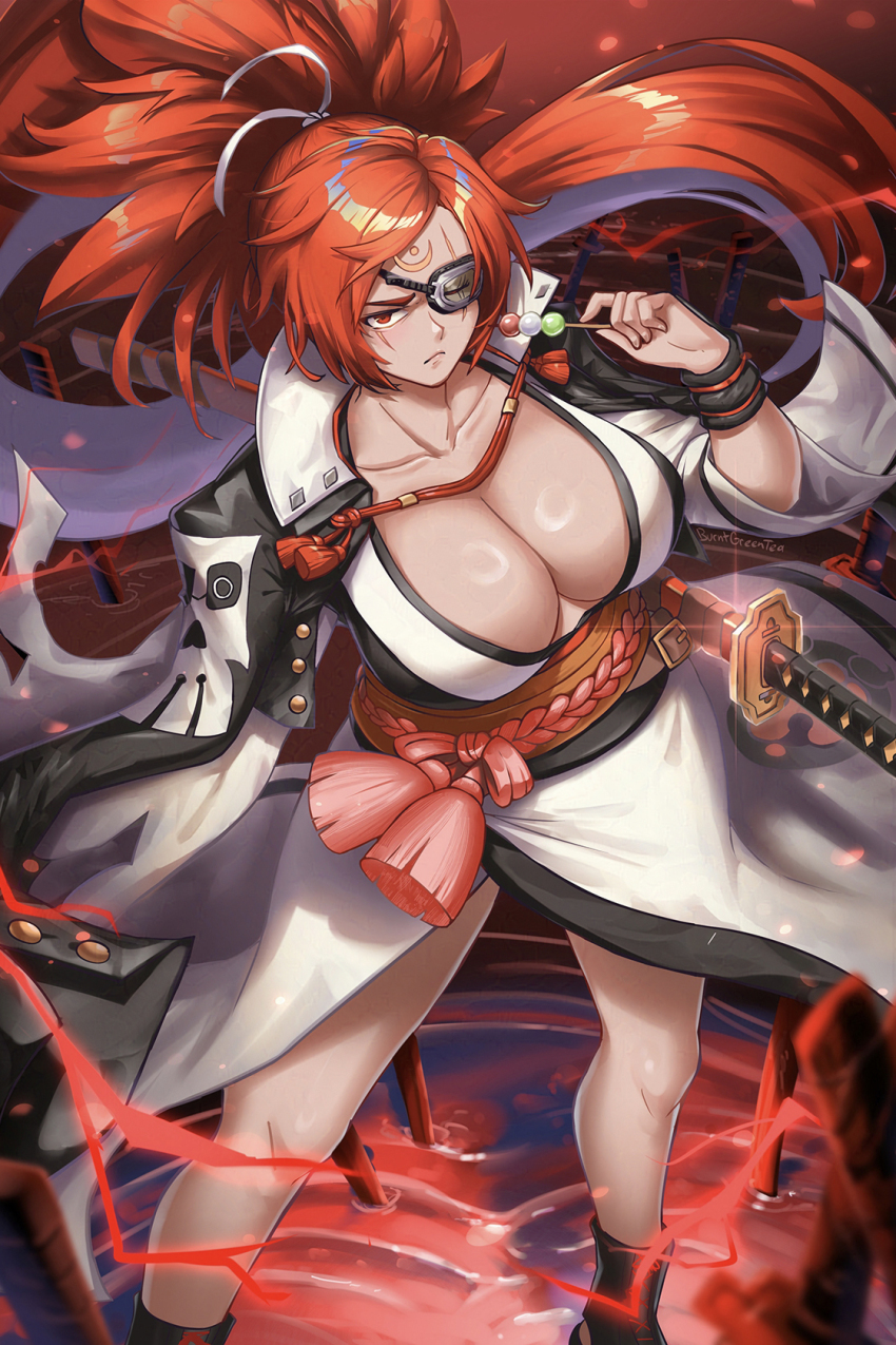 1girl amputee baiken big_hair boots breasts burnt_green_tea cleavage dango eyepatch facial_tattoo food guilty_gear highres holding holding_food japanese_clothes kataginu katana kimono large_breasts long_hair multicolored_kimono one-eyed open_clothes open_kimono ponytail red_eyes red_hair samurai scar scar_across_eye scar_on_face solo sword tattoo torn_sleeve wagashi weapon