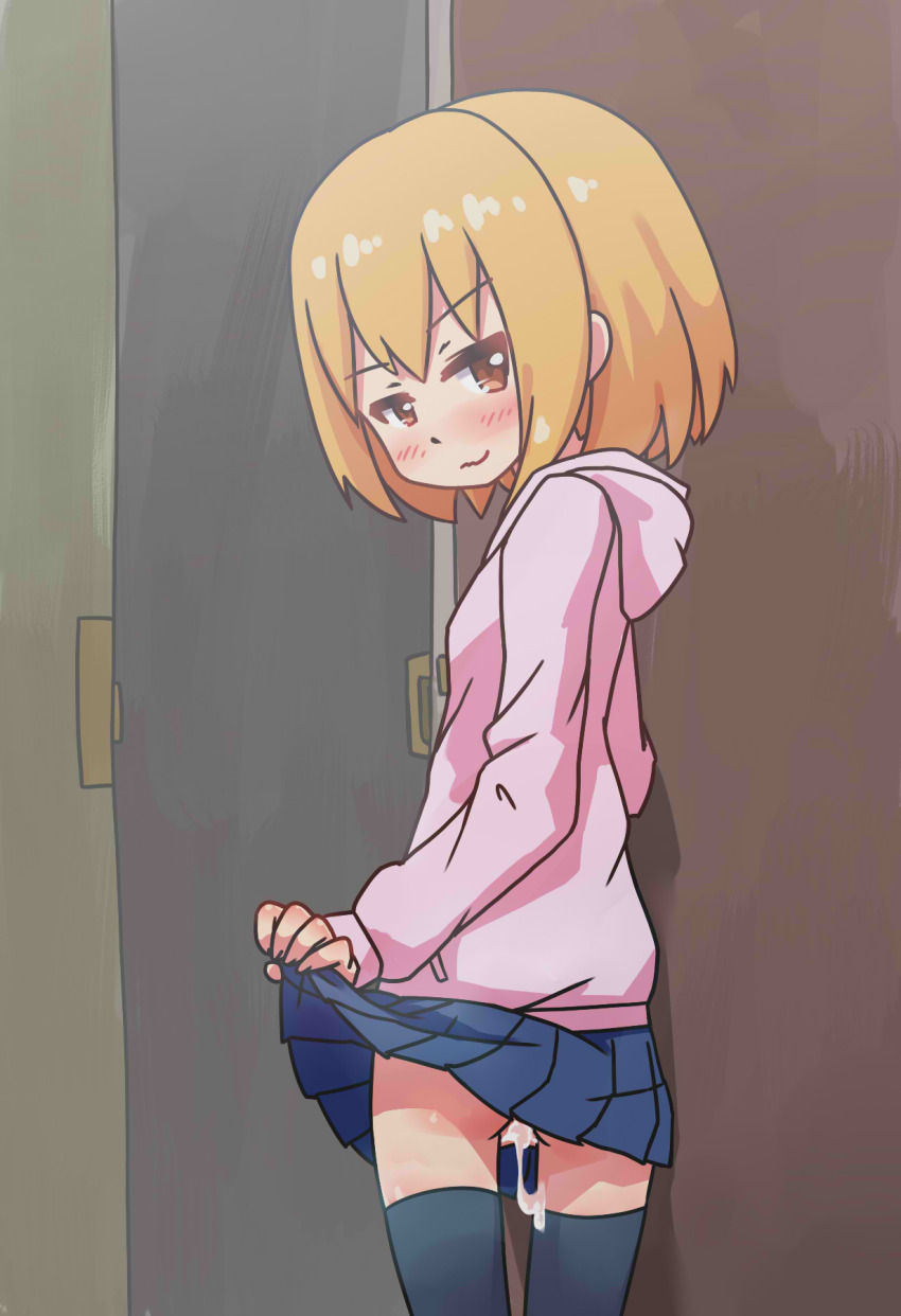 1girl after_vaginal aftersex blonde_hair blue_skirt blush brown_eyes clothes_lift cum cum_in_pussy cumdrip door female_focus flashing from_behind highres hood hoodie lifting_own_clothes loli looking_at_viewer looking_back no_panties original pink_hoodie qswan short_hair skirt skirt_lift smile solo standing thighhighs
