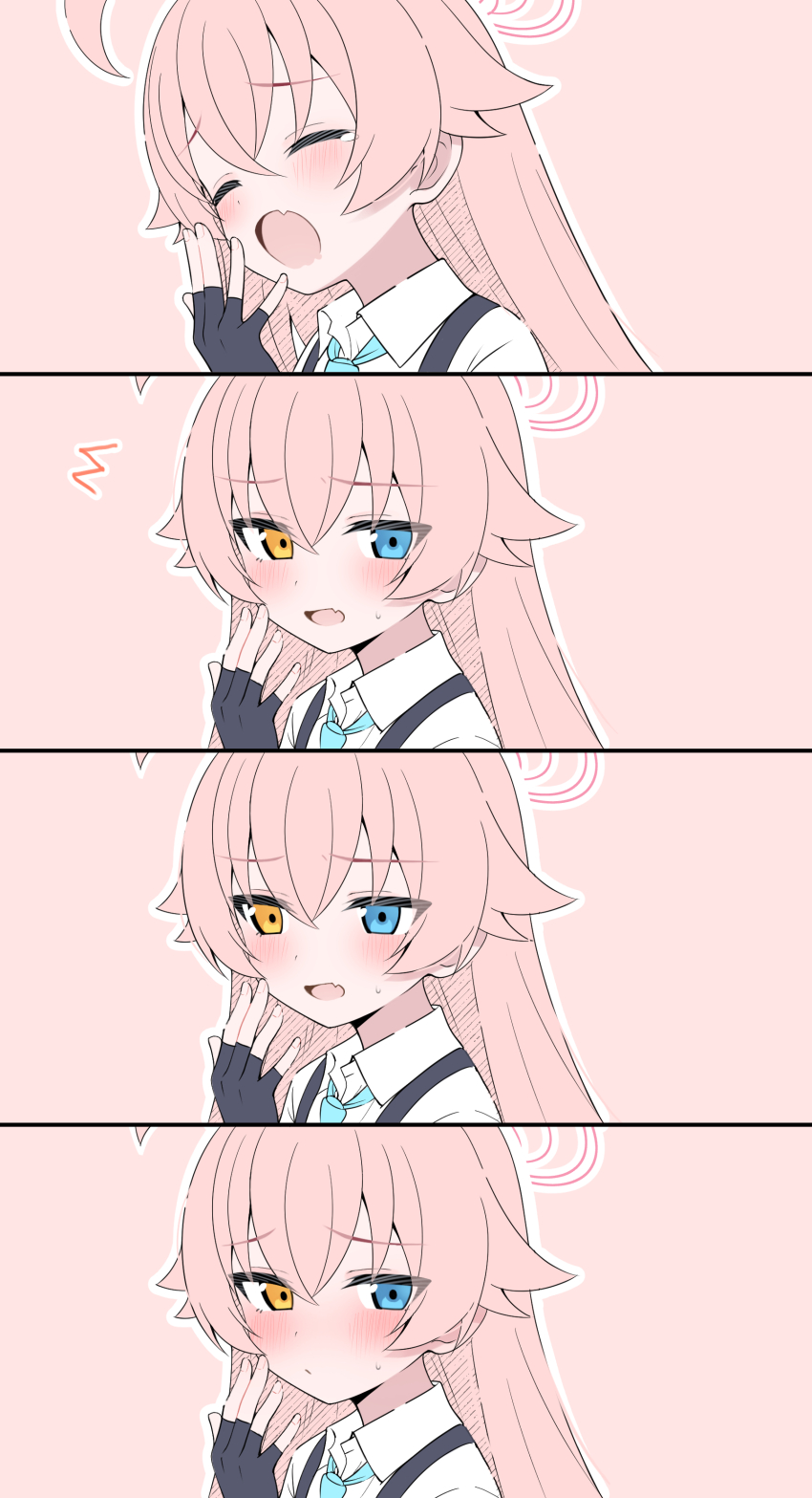 1girl ^^^ absurdres ahoge aqua_necktie black_gloves blue_archive blue_eyes blush closed_eyes commentary_request fingerless_gloves gloves heterochromia highres hoshino_(blue_archive) long_hair looking_at_viewer mistel_(sukebemistel) necktie open_mouth pink_background pink_hair shirt tears upper_body white_shirt yawning yellow_eyes